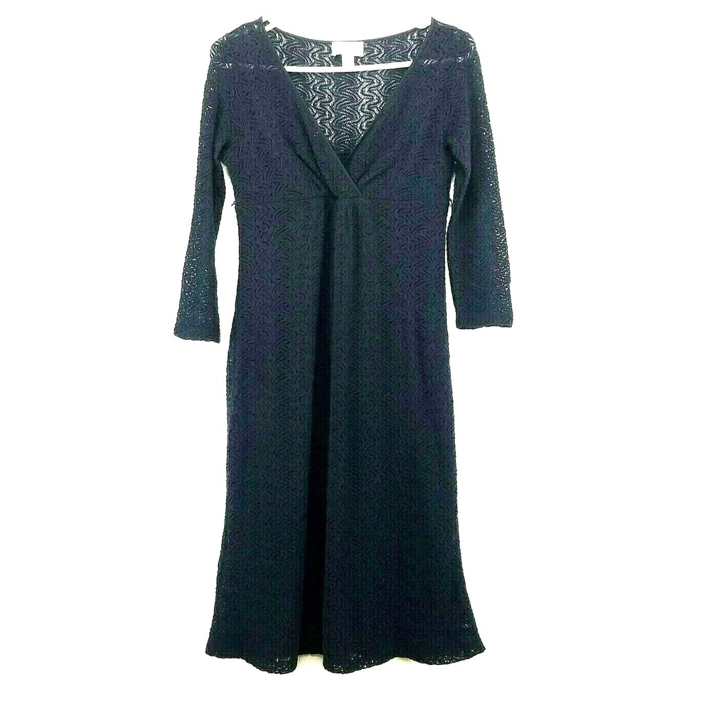 Loft Crochet Dress Wool Blend 4P Black Empire Waist 3/4 Sleeves Goth Witchy‎ Y2K